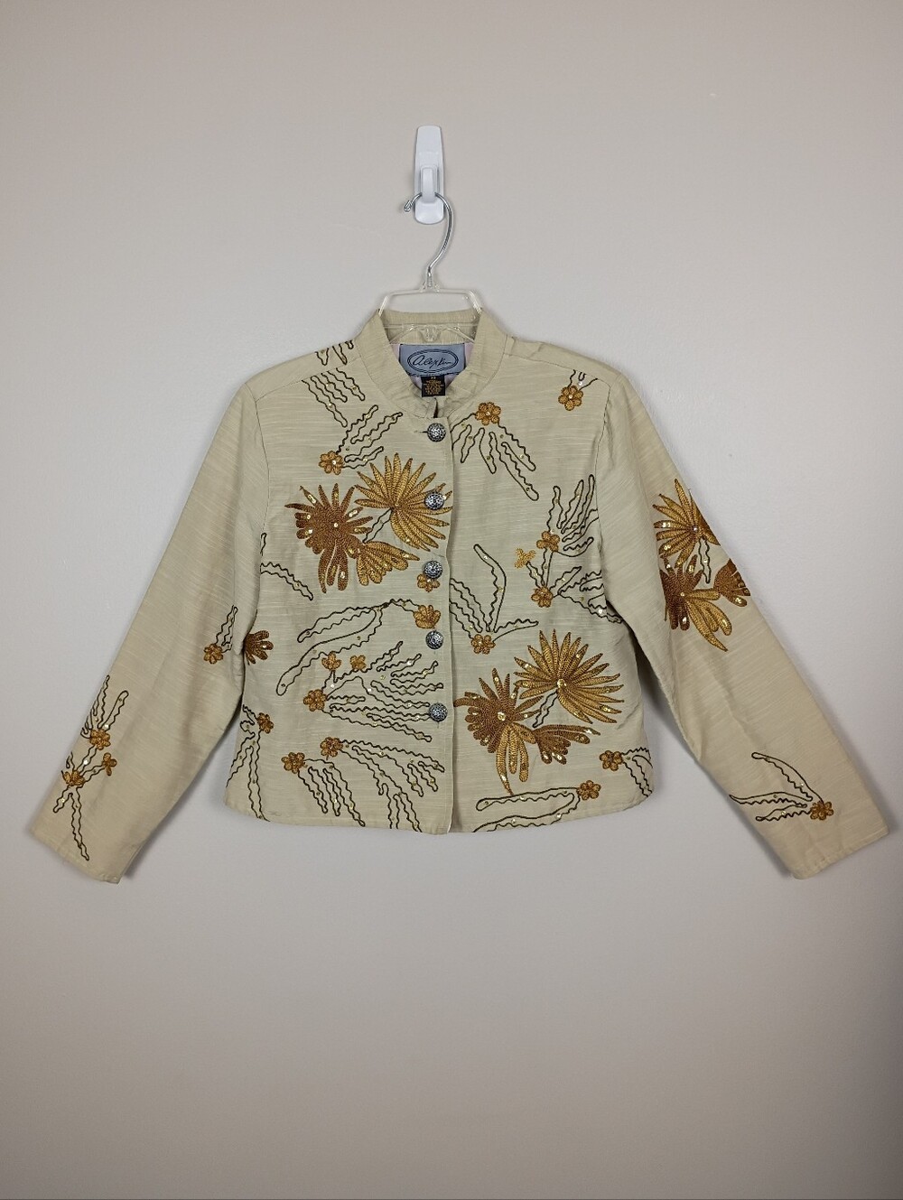 Alex Kim Vintage Embellished Sequin Floral Jacket Blazer Beige PS India